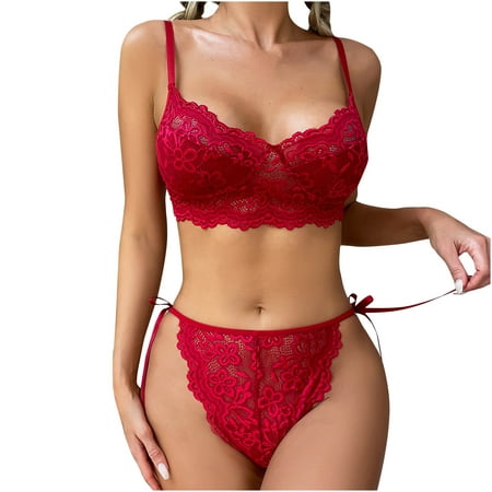 

Lingerie for Women Red Lace Sling Bra And Panty Set Temptation Babydoll Ladies Valentines Day Underwear Set