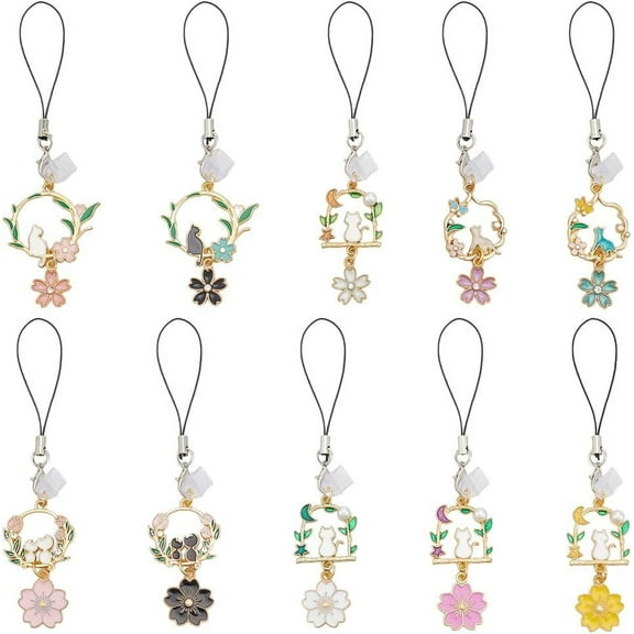 10pcs Alloy Enamel Mobile Straps with Plastic Mobile Dustproof Plugs Cat & Flower Mixed color 11.5~12cm 10pcs/set