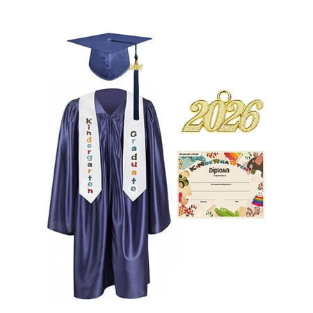 Kids 8-14 Years Graduation Gown Set 4 Pieces with Cap & Stole Uniform for Ceremony & Performance Navy 14 Years