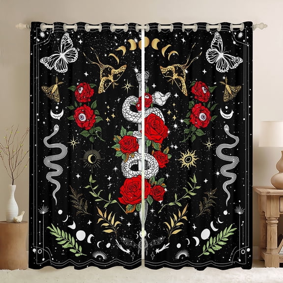 Manfei Gothic Snake Black Out Curtains,Romantic Red Rose Curtains Pack of 2 (42x63 Each),Boho bohemian Style Bedroom Curtains For Girls Kids,Ultra Soft Home Decor