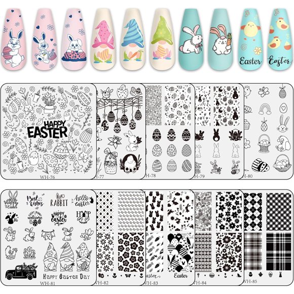TRAHOO-10Pcs Easter Nail Art Stamping Plates Kit Bunny Egg Rabbit Flower Butterfly Image Stamp Templates Holiday Nail Art Plates for Spring DIY Print Manicure Salon Design Gift