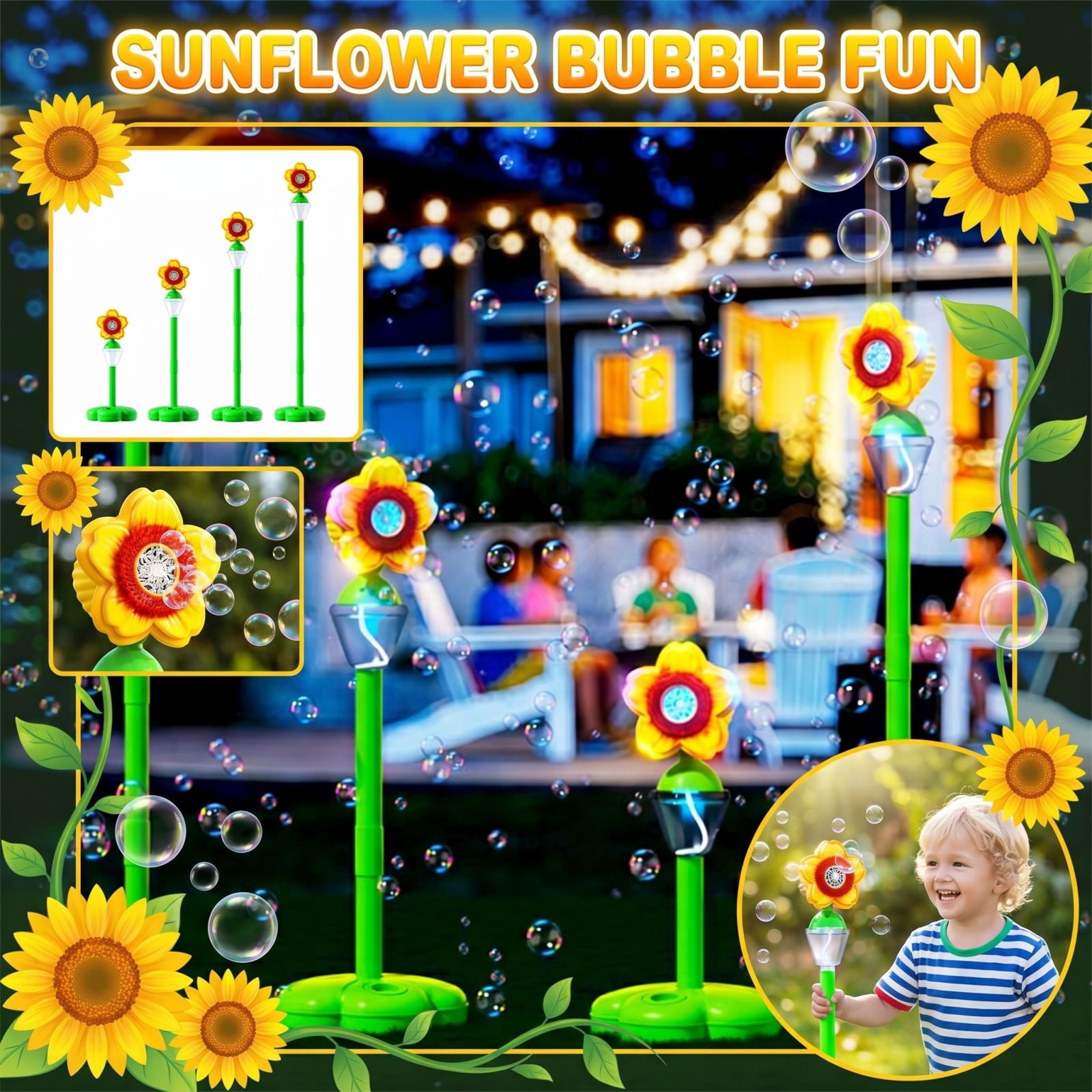Automatic Bubble Machine, 2026 New Standing Bubble Blower with Lights & Music, Adjustable Height Bubble Maker, Bubble Machine for Parties Birthday Wedding Outdoor (Yellow Sunflowers)