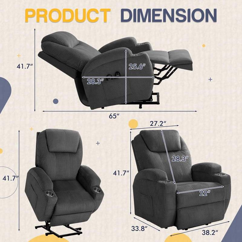 Furmax Electric Power Lift Recliner Soft Corduroy Chair Sofa with with 8 Vibrating Massages Ergonomic Lounge Chair with 2 Cup Holders and Side Pocket,Gray