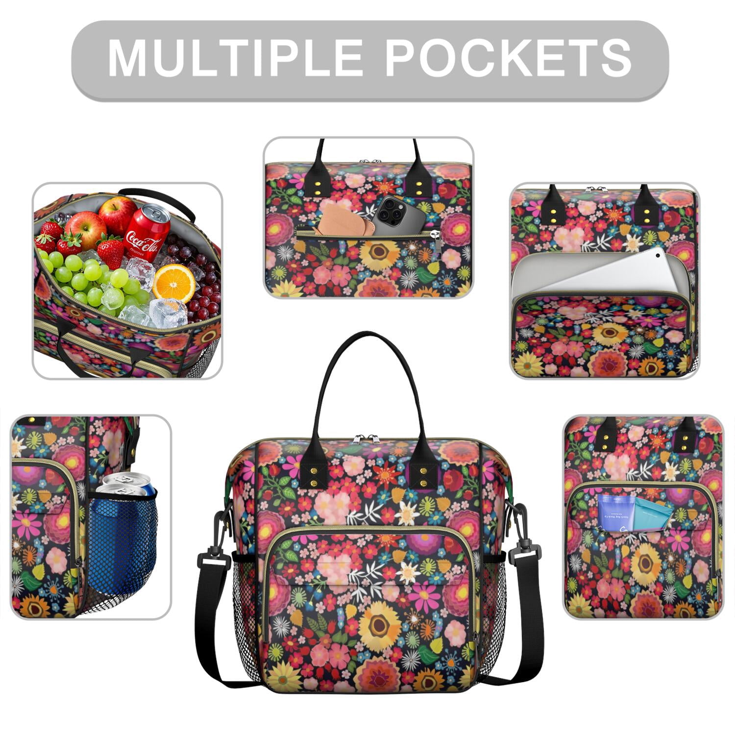 Pioneer Flower Floral Print Pattern Womens Lunch Box for Work,Insulated Large Lunch Bag for Tween and Teen,Loncheras Para Mujer,Leakproof Adult Lunch Bag for Work,Beach,Travel,Picnic,Camping