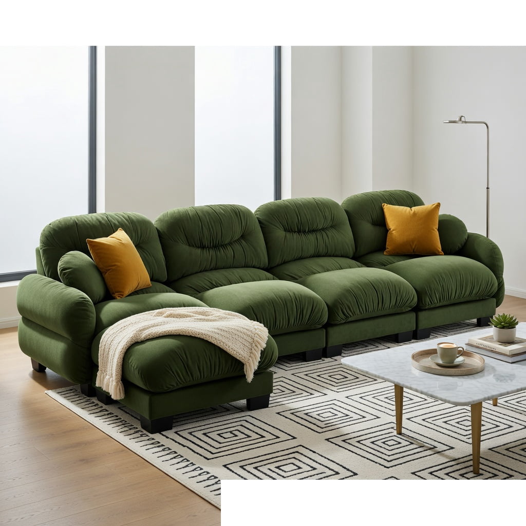 Hommoo Chenille L-Shaped Modular Sectional Sofa with Ottoman, 4-Seat Pleated Design, High-Density Ergonomic Foam, Curved Armrests & 2 Throw Pillows, Green