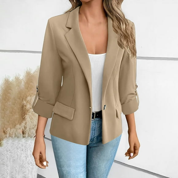 QIPOPIQ Womens Casual Blazers Button Front 3/4 Roll-up Sleeve Notched Lapel Business Work Blazer Jacket with Pockets Clearance