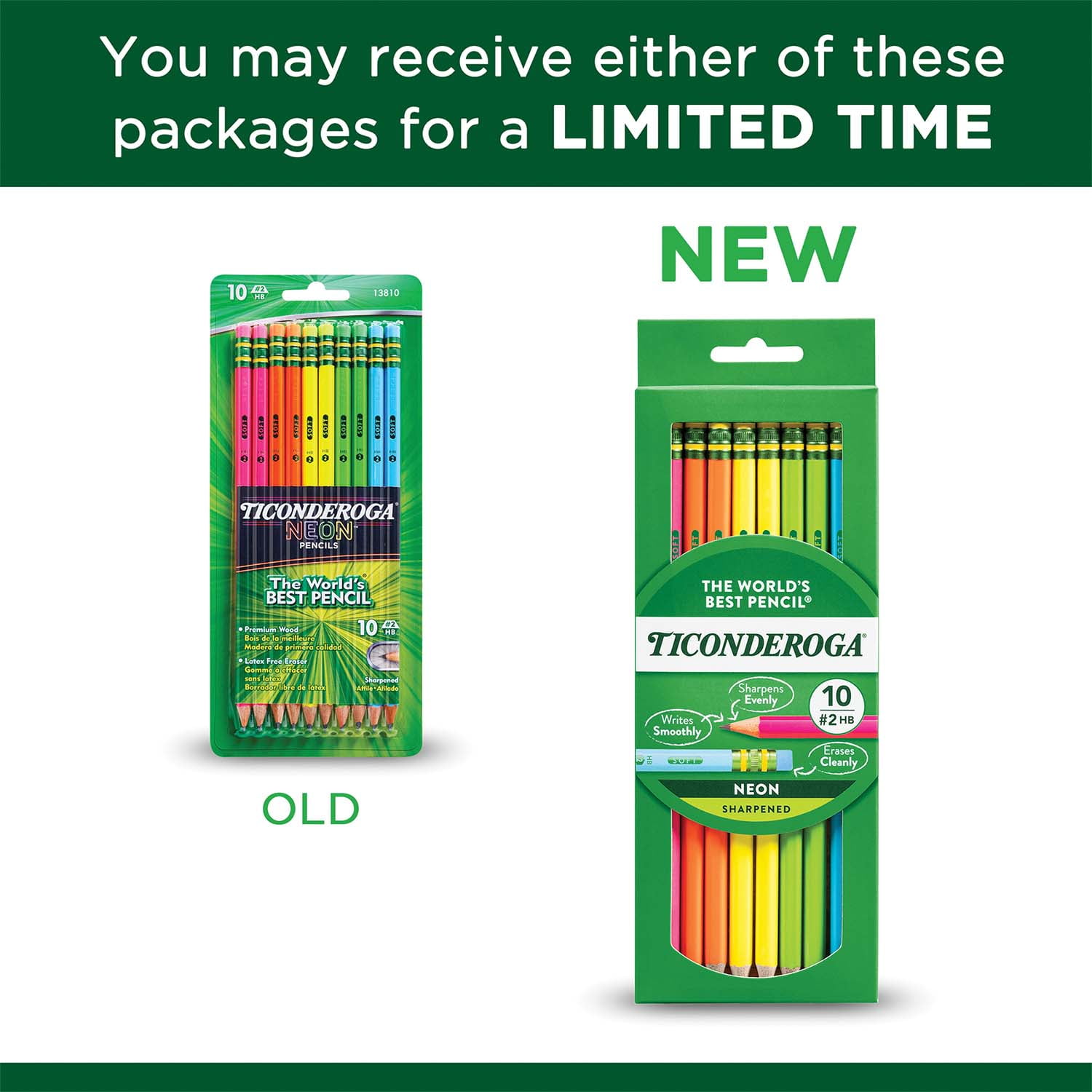 Ticonderoga Premium Neon Wood No. 2 Pencils with Eraser, 10 Per Pack, 6 Packs