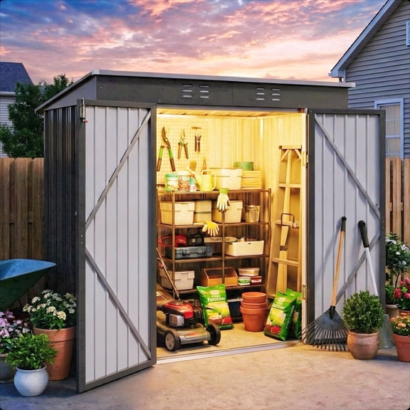 Storage Shed, Lofka 6x4 FT Outdoor Metal Shed, Lockable Double Doors Garden Tool Shed for Bike, Lawn Mower Storage, Waterproof Galvanized Steel, Grey