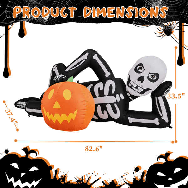 Alvantor 7 ft Long Reclining Skeleton Halloween Inflatable with Pumpkin, 7 LED Lights and Built-In Blower, Black White and Orange