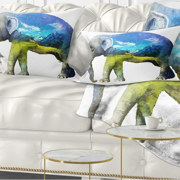 Designart Elephant Double Exposure Illustration - Animal Throw Pillow - 12x20