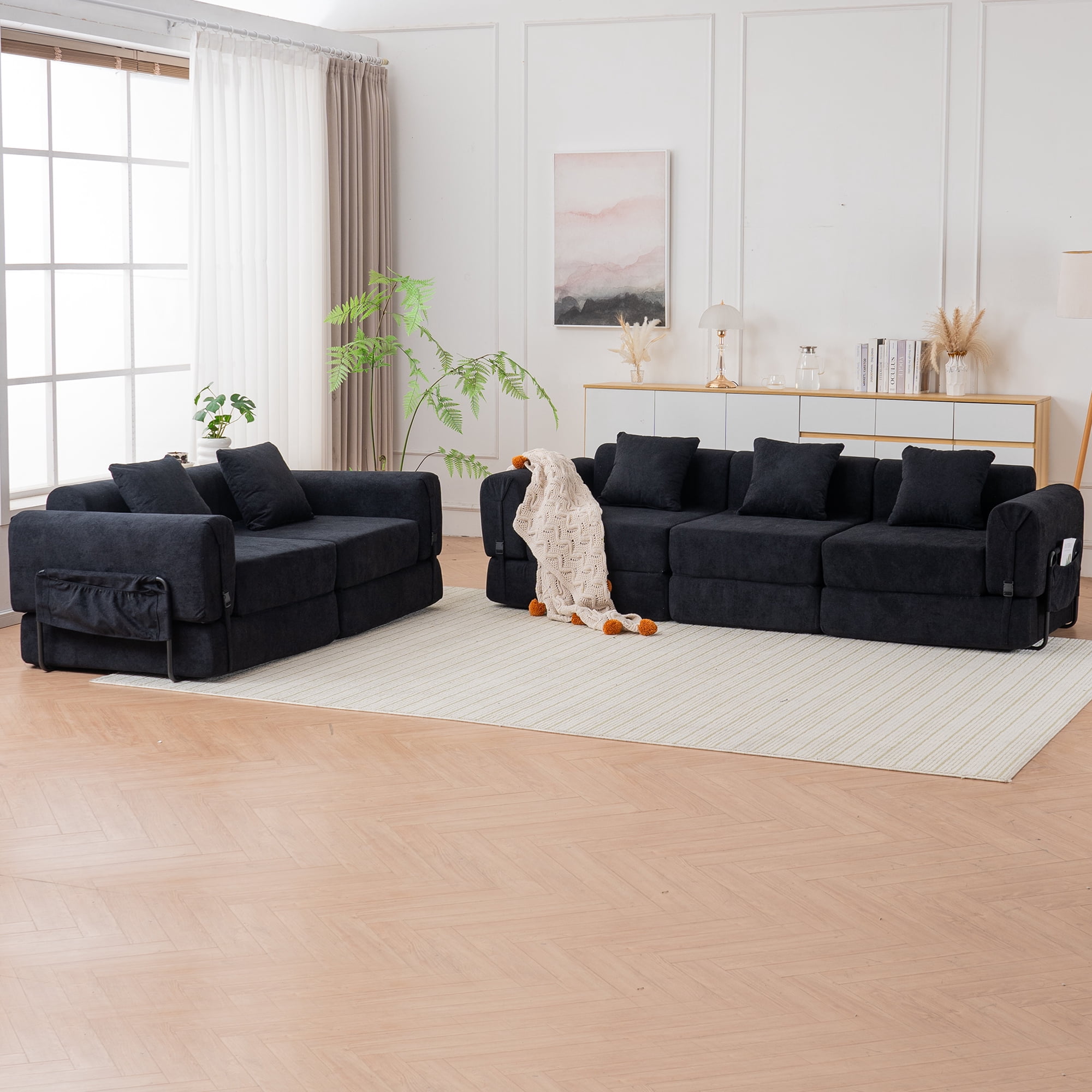 GNIXUU 98.81" Modern Modular Recliner Sofa, Convertible Sleeper Bed,Folding Mattress 3 Seater Couch with Fixed-Shape Frame ,Comfy Lazy Boneless Couches for Living Room Bedroom Lounge,Black