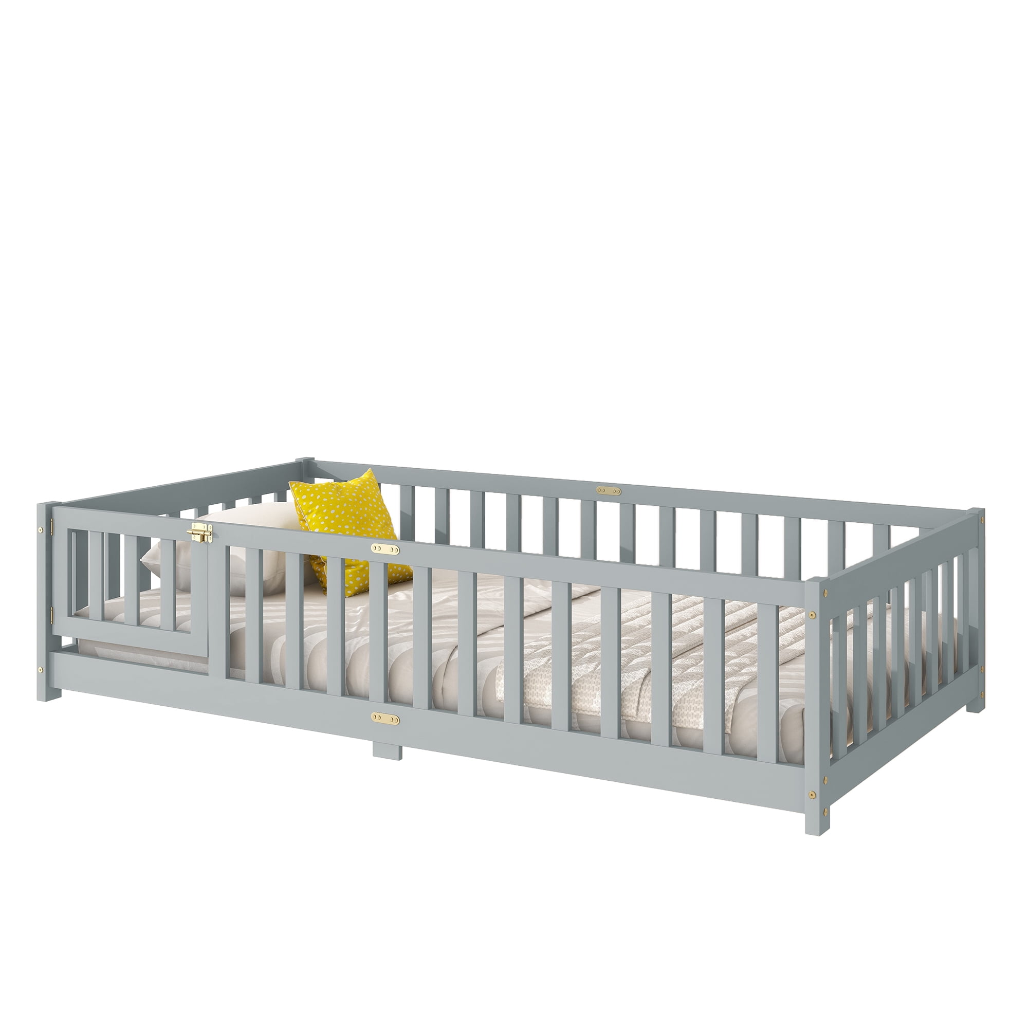 Sailvan Twin Floor Bed with Fence and Door, Solid Rubber Wood Kids Platform Bed Frame Grey