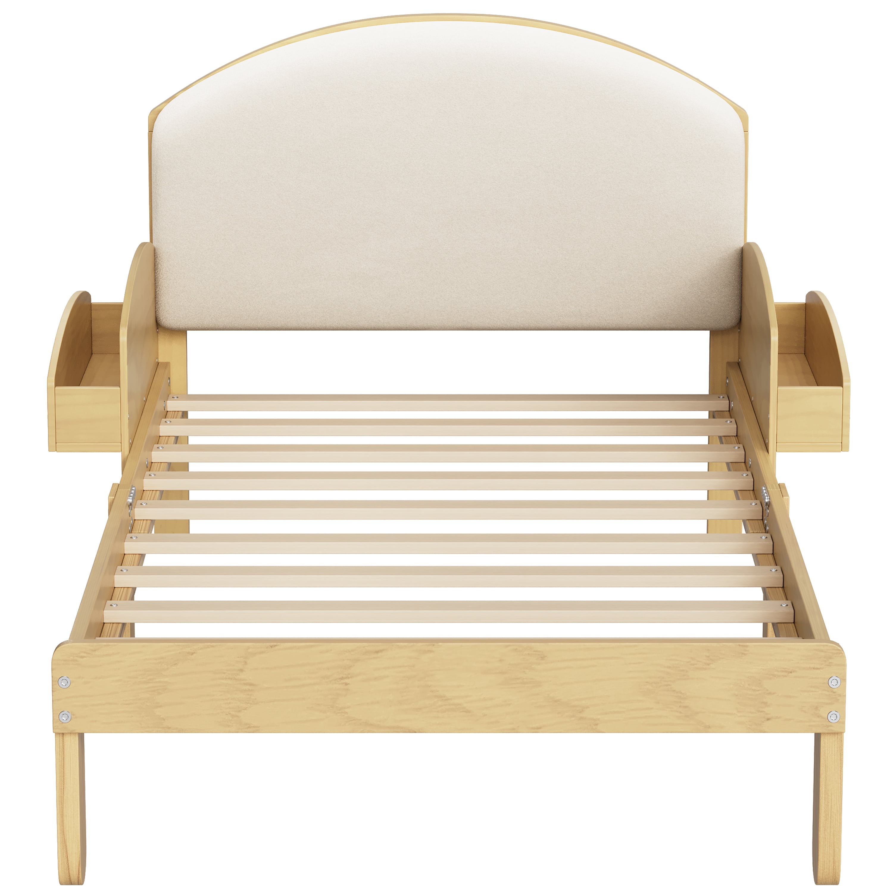 Euroco Twin Size Platform Bed with Upholstery Headboard, Wood Bed Frame with Storage Shelves, No Box Spring Needed, Natural