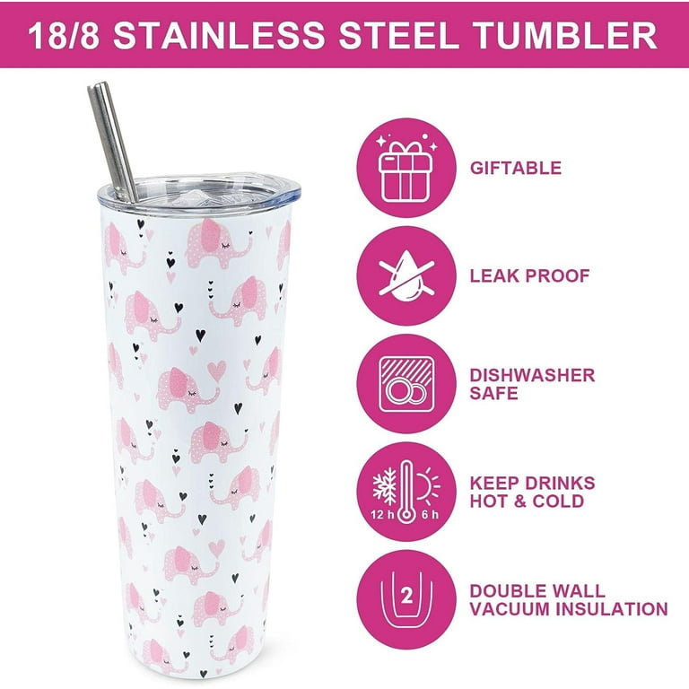 Cute Elephant Tumbler with Lid and Straw - 20 oz Insulated Stainless Steel Travel Mug for Iced Coffee and Hot Drinks - Perfect Birthday Mothers Gifts