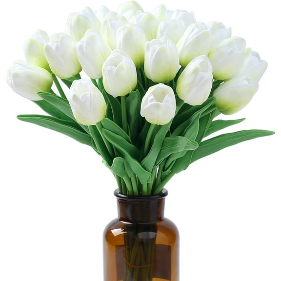 Green Tulips Fake Artificial Flowers Real Touch " Silk Flower for Home Decor Mother's Day Spring Wedding Bouquet Decorations Floral Arrangements(Green)