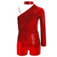 thumbnail image 4 of Traje de baile latino Cha-Cha Tango para niñas, mono metálico con borlas, cuello Halter, un hombro, lentejuelas brillantes, leotardo de patinaje artístico, 4 of 5