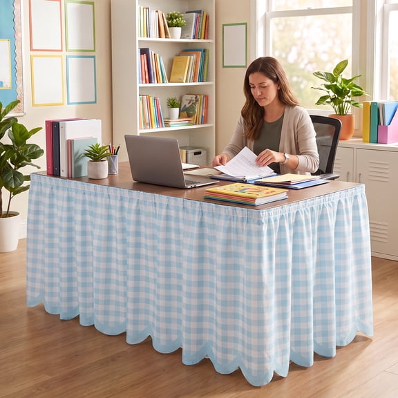 Teacher Desk Skirt 6ft Blue,Wrinkle Resistant Reusable for Back to School Supplies and Teacher Office Decoration