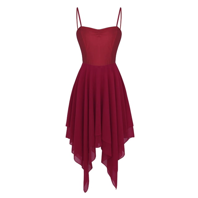inhzoy Robe de Danse Lyrique pour Femmes en Chiffon Bretelles Spaghetti Asymétrique Robe de Bal Danse Vin_Rouge P