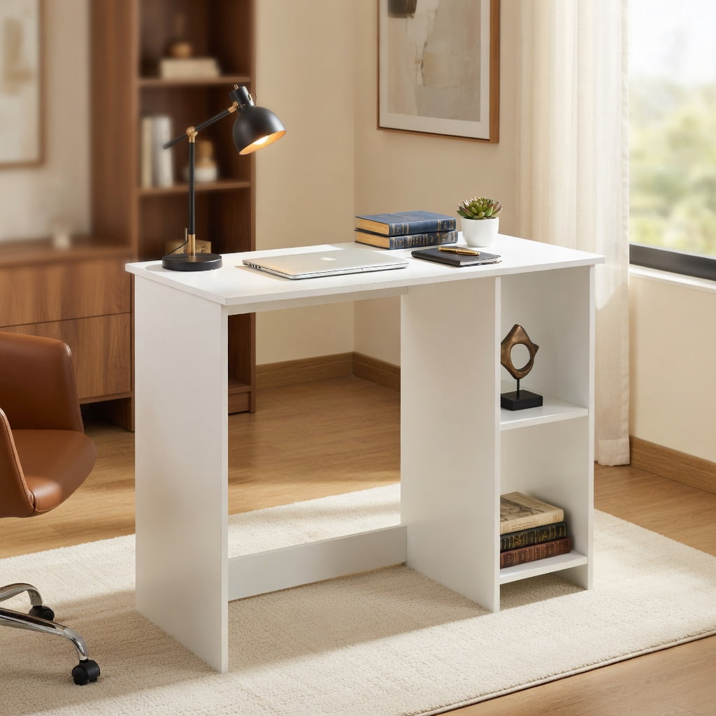 Resenkos 31.5 Inch Modern Home Office Desk with 2 Compartments-White, Home Office Desks, Gaming Computer Desks for Study,Working,Writing