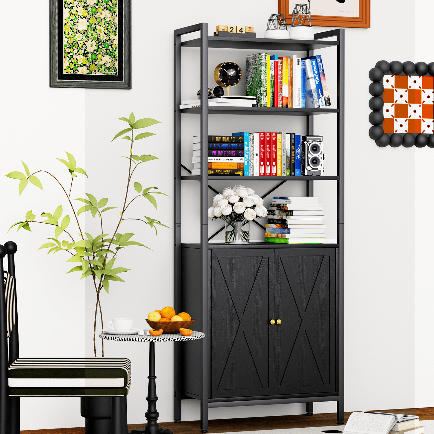 MONVANE Farmhouse Bookshelf and Bookcase with Doors, Crosshatch Design, 4 Shelves, 1 Pack, Black