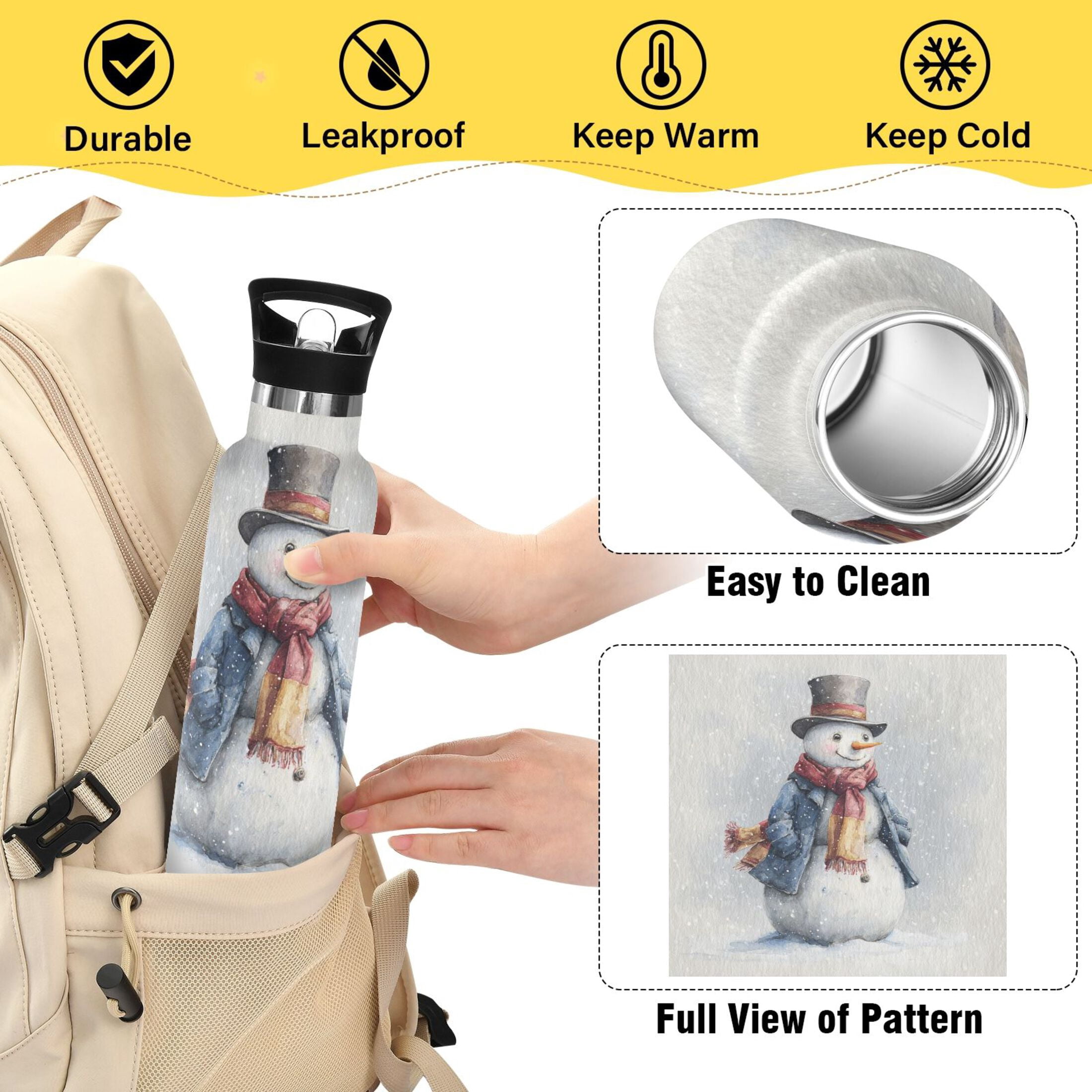 600ML Stainless Steel Insulated Cup Sports Water Bottle Portable Thermos Cup Water Glasses Insulated Tumblers Convenient and Durable Watercolor Snowman