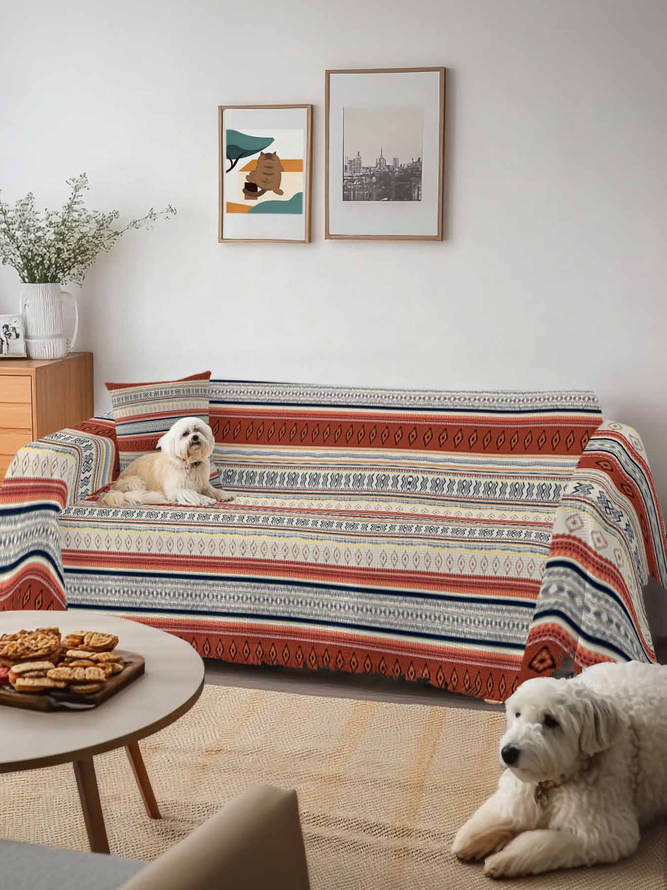 Brown Ethnic Boho Sofa Cover Blanket Couch Covers for Armchair Cushion,Couch Sofa Silpcover with Tassel,Living Room Bedroom Throw Towel Blanket Covers Modern Stripes Geometric Abstract S 71"x91"