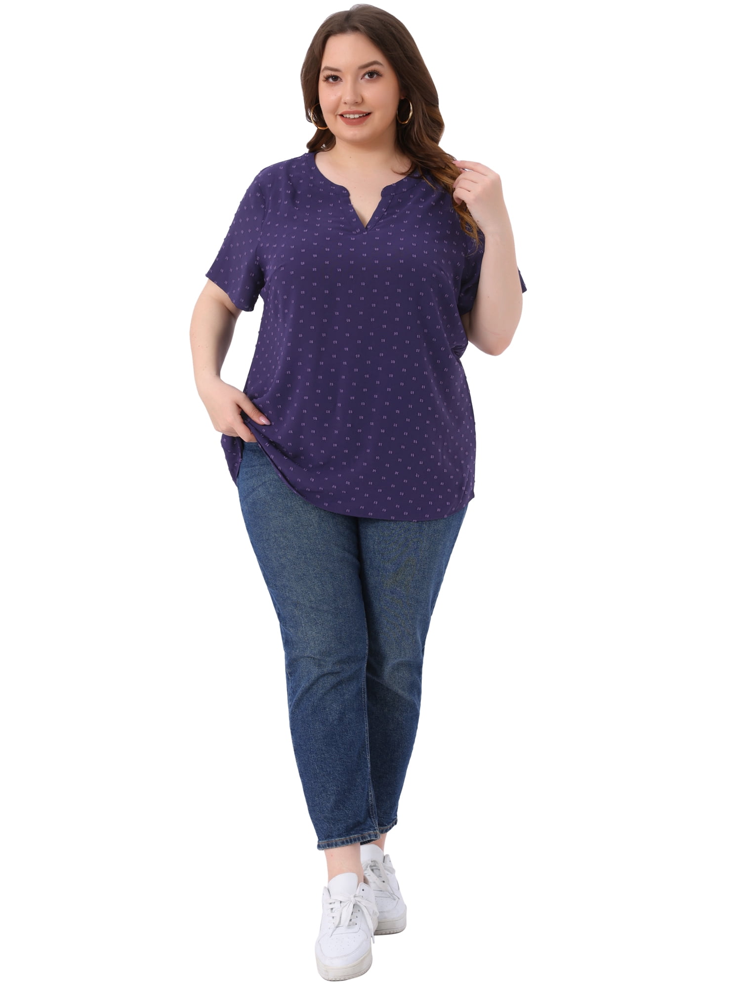 DARING DIVA Women's Plus Swiss Dots Notched Neck Short Sleeve Blouse 1X Dark Blue Purple