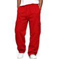 thumbnail image 2 of Men's Wide Leg Cargo Pants High Waisted Drawtring Baggy Adjustable Casual Loose Fit Warm Trousers Hiking Work Pant with Multi Pockets Red S, 2 of 9
