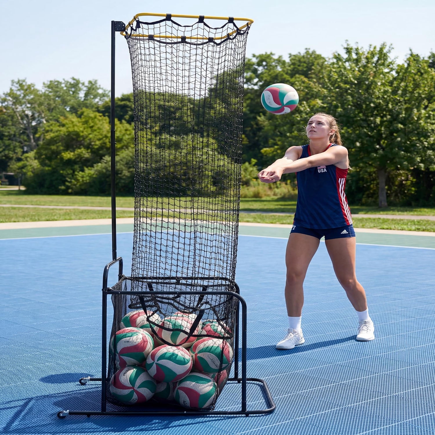 Gaderth Portable Volleyball Setter Training Net for Indoor & Outdoor Practice. Setting Trainer with  Hoop. 5-Position Adjustable Height & Angle. Lockable Wheels. Quick Setup