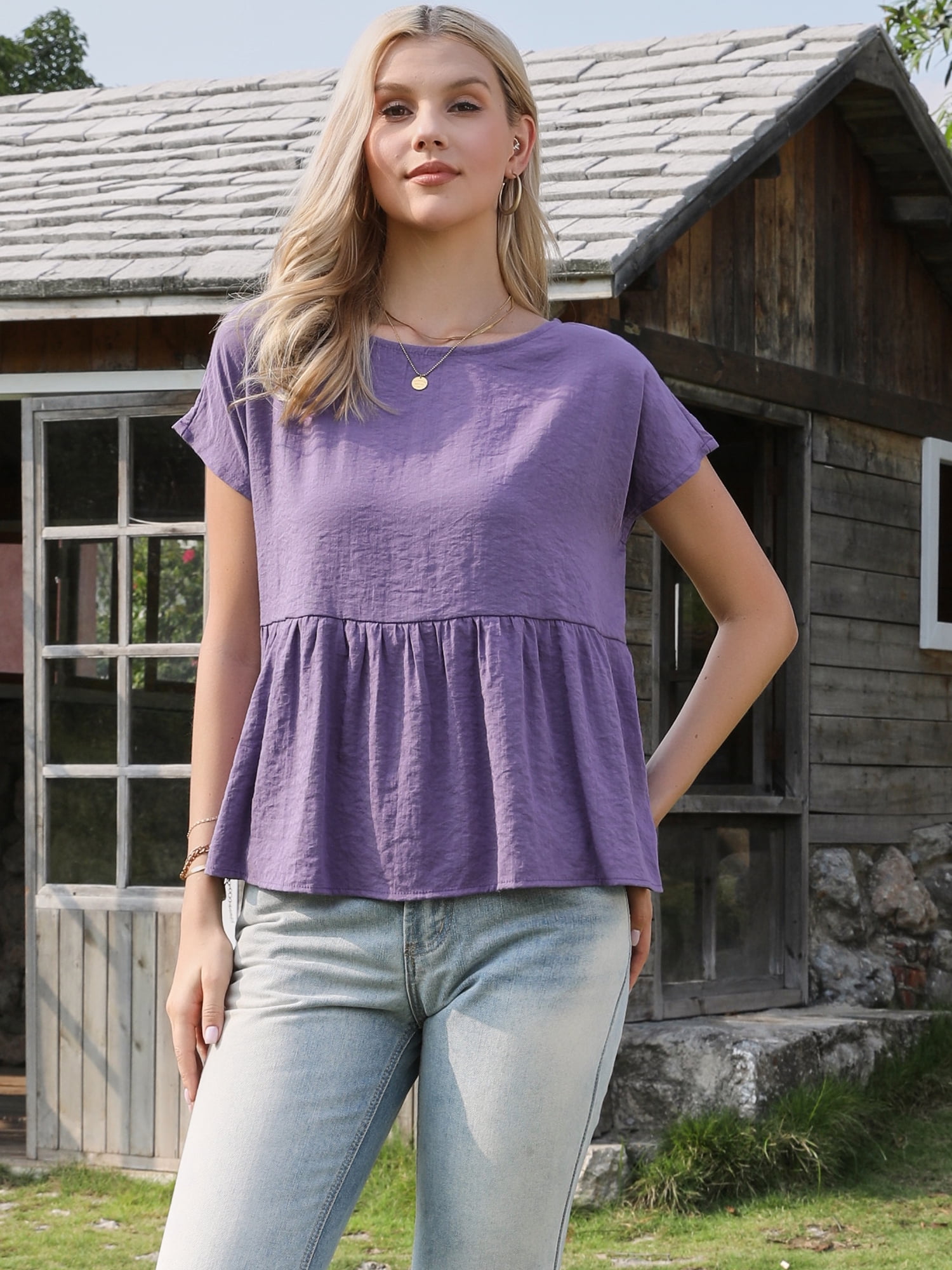 DARING DIVA Women's Short Sleeve Blouse Casual Round Neck Ruffle Flowy Top XS Purple