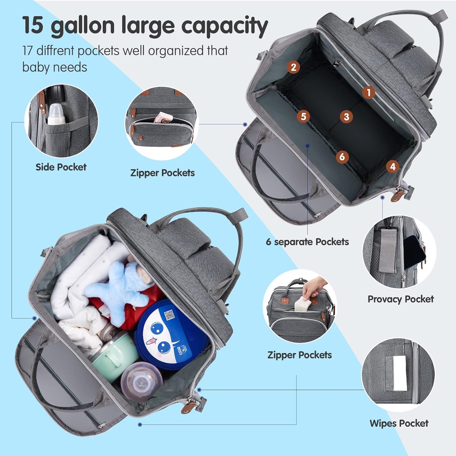 Diaper Bag Backpack – Large Capacity Baby Diaper Bag with Changing Pad, Waterproof Travel Backpack for Boys & Girls, Multi-Function Baby Bag with USB Charging Port, Grey