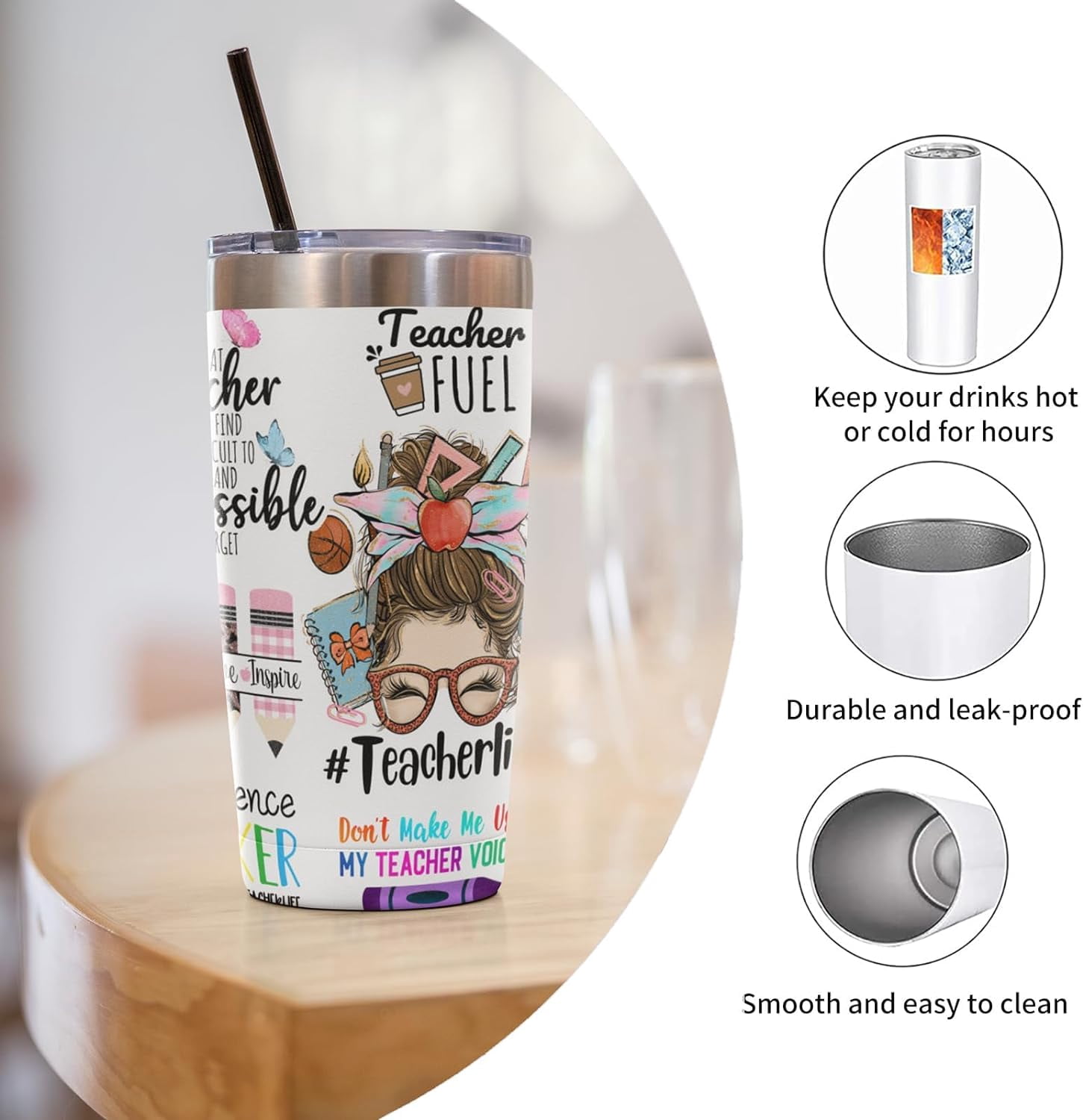 Teacher Appreciation Gifts for Women - 20 Oz Insulated Tumbler, Mug, and Cup, Graduation Gifts from Students, Birthday Gifts for Teacher(Don''t make me use my teacher voice)