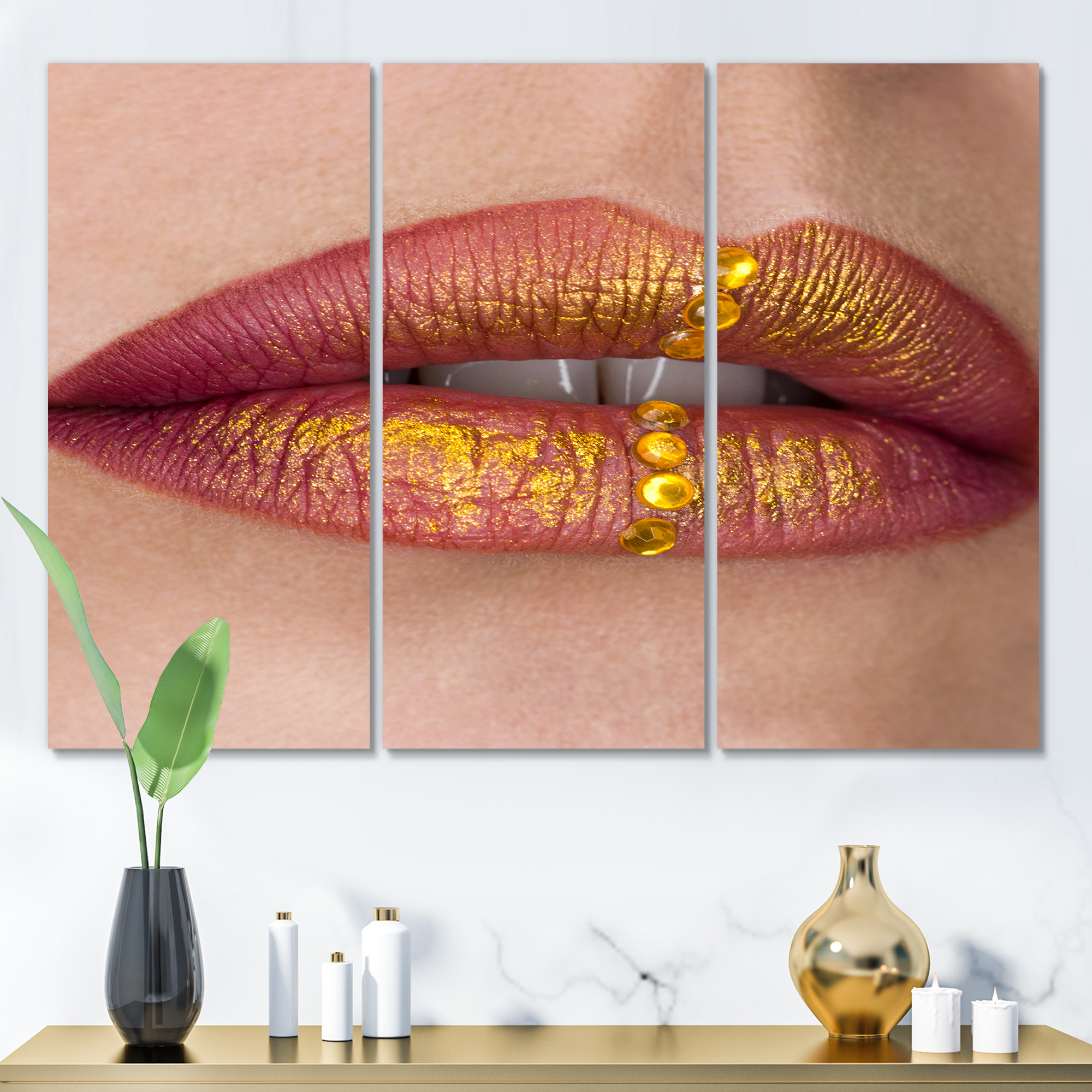 Designart ' Woman Lips Close-Up With Red Lipstick, Gold Paint ' Modern Canvas Wall Art Print