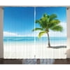 Landscape Curtains 2 Panels Set, Caribbean Maldives Beach Island Sea Ocean Palm Trees Artwork Print, Window Drapes for Living Room Bedroom, 108W X 90L Inches, Sky Blue Green and White, by Ambesonne