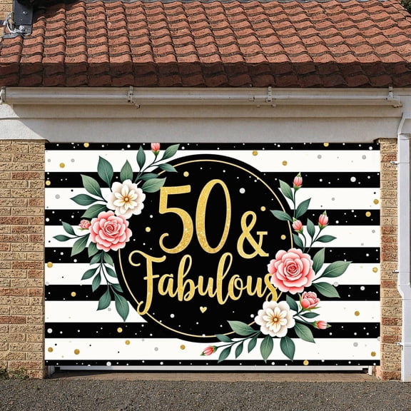 Gold Glitter 50th Birthday Banner Floral Design Fabulous Display Pink Roses White Flowers Floral Backdrop for 50th Birthday Party Adult Celebration Milestone Event