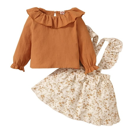 

KIMI BEAR Infant Girls Outfits 18 Months Infant Girls Autumn Winter Outfits 24 Months Infant Girls Sweet Ruffle Collar Long Sleeve Top + Floral Print Suspender dress 2PCs Set Orange