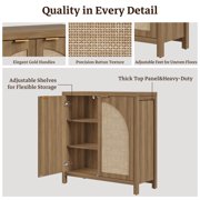 SICOTAS 34.2 Inch Wide Kitchen Pantry Cabinet with 2 Arch Doors, Rattan Storage Sideboard Cabinet with Adjustable Shelves for Kitchen, Freestanding Organizer Credenzas in Natural Oak
