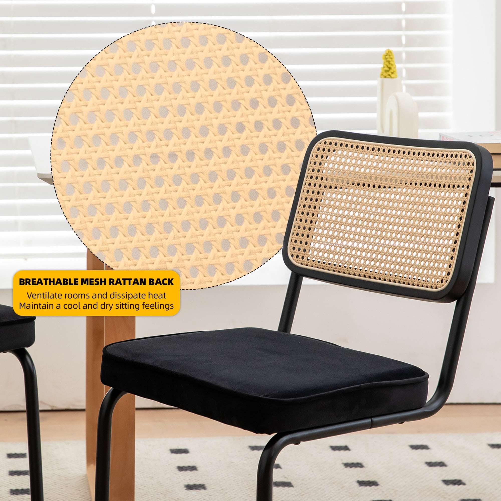 JXXRZ Rattan Dining Chairs Set of 2, Mid Century Modern Kitchen Side Chairs for Dining Living Room, Velvet Upholstered Dining Chairs, Black