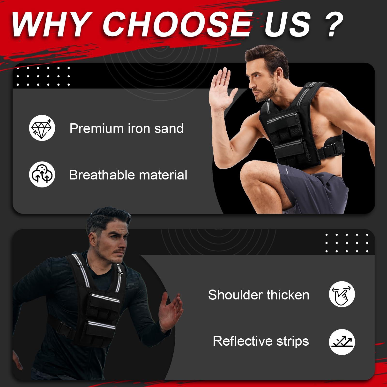 Black 30 LB Adjustable Weighted Vest for Strength Training, Running and Walking
