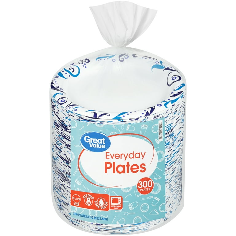 Great Value Everyday Strong, Soak Proof, Microwave Safe, Disposable Paper  Plates, 9 in, Patterned, 300 Count