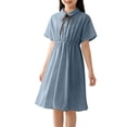 thumbnail image 7 of Bxsruta Girls Preppy A-Line Dress Short Sleeve Button Up Shirt Dress with Bow Tie High Waisted Summer School Uniform for Teen Kids, 7 of 7