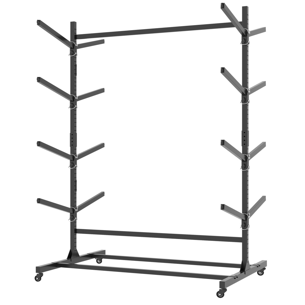 82"H Heavy-Duty Freestanding Kayak Storage Rack, Adjustable Height with Lockable Wheels, Holds 4 Kayaks/Canoes/Surfboards, 360° Movable, Rust-Resistant for Indoor & Outdoor Use, Space-Saving Design