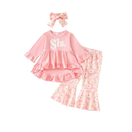 

Binshrliy 3pcs Toddler Baby Girl Fall Outfits Pants Set Letter Long Sleeve A-Line Dress Tops + Flower Flare Trousers + Headband 6M 12M 18M 24M 3T 4T Kids Casual Clothes