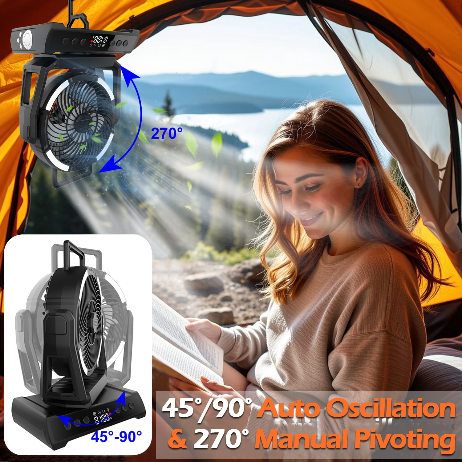 IC ICLOVER Camping Fan with LED Lantern Light, Rechargeable 20000mAh Battery Operated Portable Fan, Auto Oscillation Remote Control Timer Desk Fan for Tent, Travel, BBQ, Fishing, Black