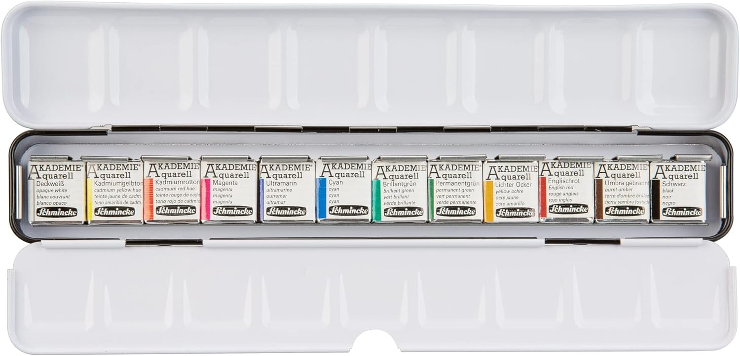 Schmincke - Akademie® Aquarell Slim, Compact Metal Box with 12 fine Watercolor Paints, 75769097, Painting Set, Travel Box, for Painting on The go, 12 x 1/2 Pans