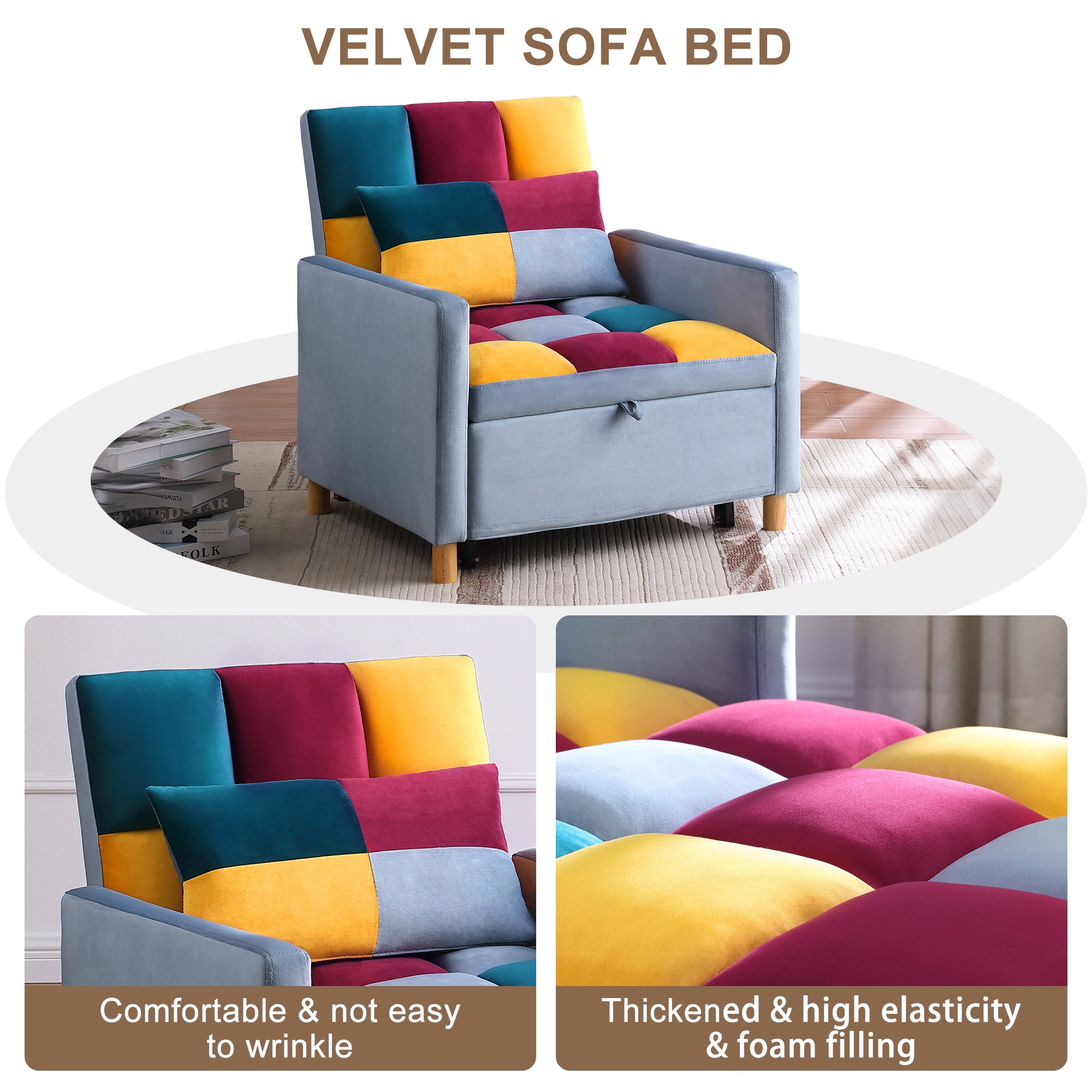 Aukfa 3-in-1 Sleeper Chair, Convertible Pull Out Chair Bed for Small Space, Patchwork