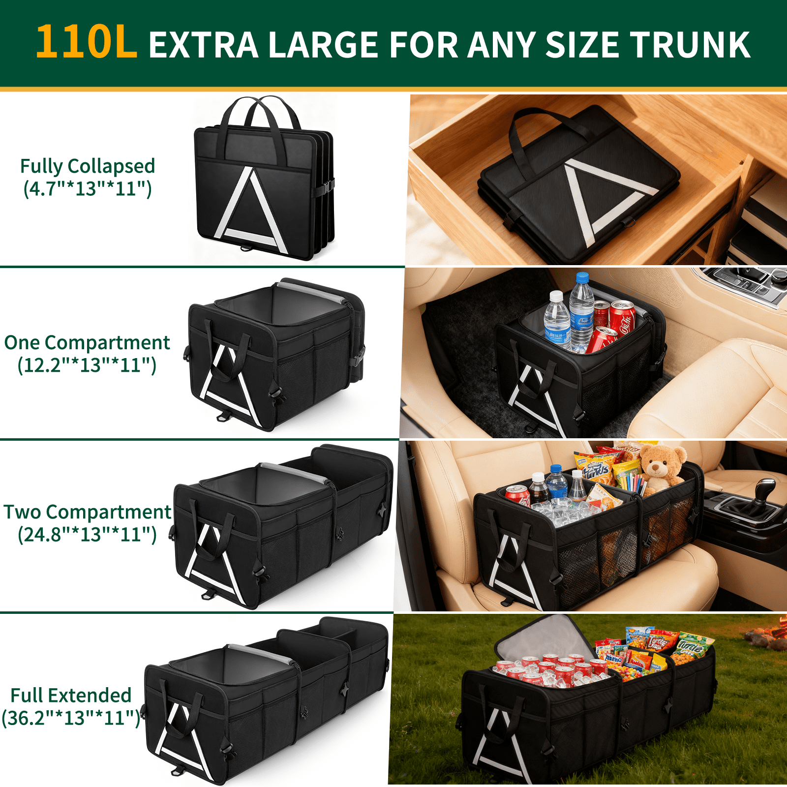 Cshidworld Car Storage Organizer, Collapsible Multi Compartment