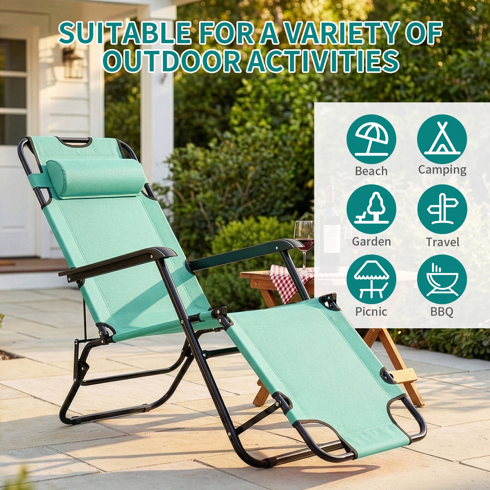 UBesGoo 2-Position Adjustable Backrest Chaise Chair, Lightweight Tanning Chair with Pillow, Sun Recliner for Indoor Outdoor - Light Green