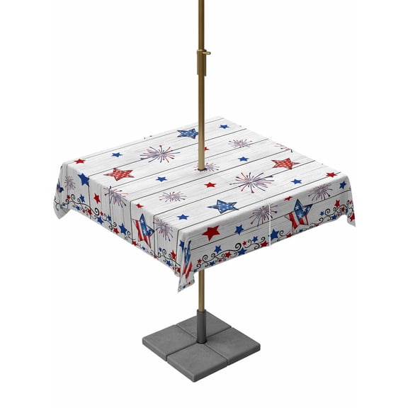 Outdoor Tablecloth with Umbrella Hole and Zipper, Independence Day Square Table Cloth 60x60 Inch Waterproof Tablecloth, Red Blue Star Firework Wooden Grain Picnic Table Cover for Patio Camping