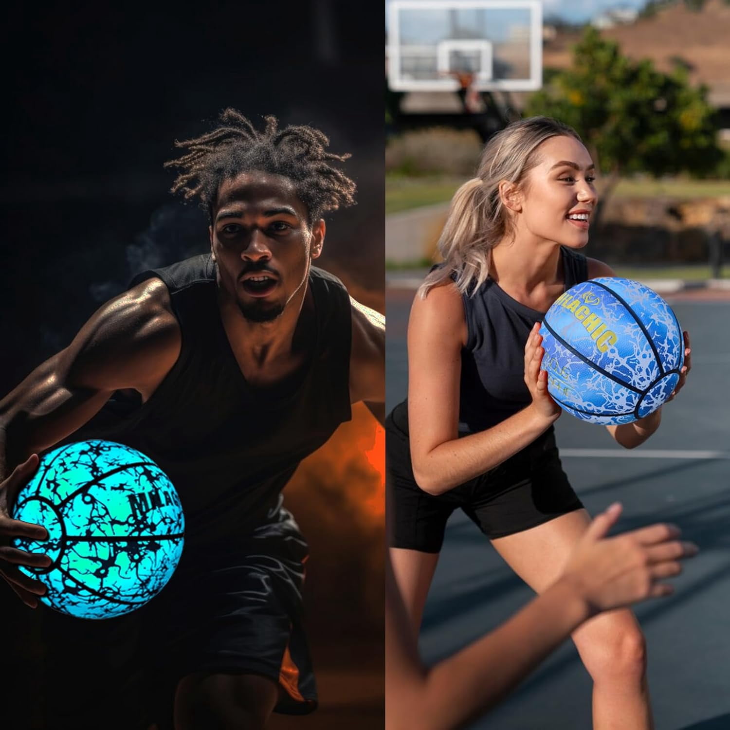 Basketball, Glow in The Dark Holographic Basketball, Official Size 7 Indoor Outdoor Luminous Glowing Leather Basketball 29.5" - with Pump